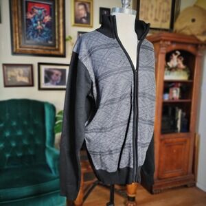 Studio By Omega Mens Jacket Black Gray ZipUp Sweater Collar Long Sleeve Large